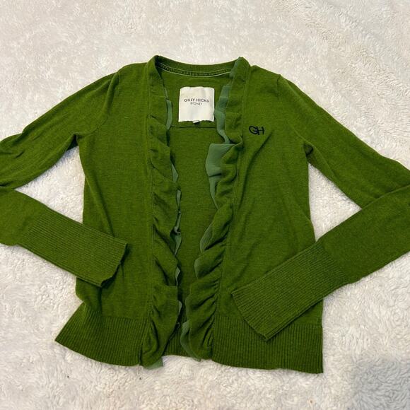 Gilly Hicks Y2K VTG Ruffle Cardigan Womens Size M Green Preppy Logo Cute - Picture 1 of 6
